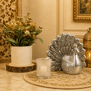 Support de bougie décoratif en métal argenté antique indien traditionnel en forme de paon pour la décoration de table Diwali Puja - Product Image 6