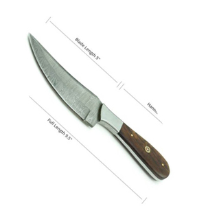 มีดสกินเนอร์เหล็กดามัสกัสทำมือ Burraq ขนาด 9 นิ้ว ด้ามไม้ พร้อมปลอกหนัง เหมาะสำหรับกิจกรรมกลางแจ้งและเป็นของขวัญ - Product Image 1