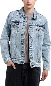 <b>Men's</b> Light Blue Denim <b>Jacket</b> Casual Washed Cotton Loose Fit Turn-down Collar Single Breasted Regular Sleeve - Product Image 4