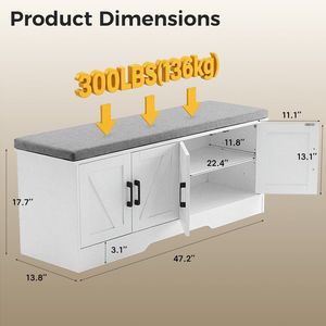Banc de rangement pour chaussures avec coussin rembourré, armoire à chaussures à 4 portes, étagère réglable, banc d'entrée blanc - Product Image 2