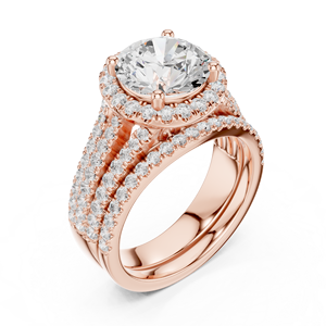 Anillo de compromiso chapado en oro rosa con moissanita de corte redondo y halo de diamantes laterales, banda de varias filas para mujer - Product Image 3