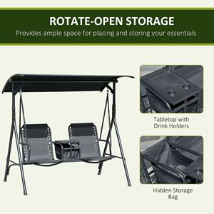 Dondolo da Esterno a 2 Posti con Tavolino Girevole, Portabicchieri Regolabile, Tettuccio Superiore e Piedini Antiscivolo - Ideale per il Patio - Product Image 6