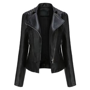 Women's Red PU Leather Moto Jacket Full Sleeve Stand Collar Zipper Closure Solid Color Biker Style Autumn Wear - Product Image 3