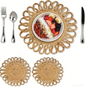 Handcrafted Round Straw Placemat Solid Color Bohemian Style <b>Table</b> <b>Mat</b> for Dining Room Home Decor - Product Image 2