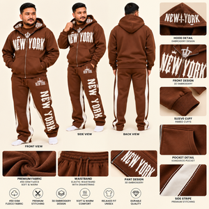 Ensemble de survêtement marron personnalisé avec impression en relief pour homme, comprenant un sweat à capuche zippé oversize et un pantalon de survêtement, en tissu épais, style streetwear, marque privée, vente en gros - Product Image 6