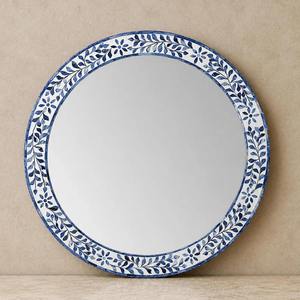 Espejo redondo hecho a mano con marco de incrustaciones de hueso y marco floral azul y blanco, decoración mediterránea, espejo de pared para baño - Product Image 5
