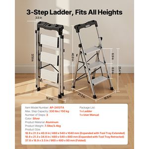 Portable Aluminum 3-<b>Step</b> Ladder with Comfort Handgrip Wide Anti-Slip Pedal Foldable 330 Lbs Capacity for Attic and <b>Gym</b> Use - Product Image 2