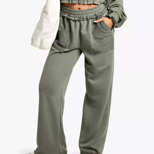 Pantalon décontracté d'hiver pour femme, coupe oversize, couleur unie, devant plat, taille mi-haute élastique, 100 % coton molletonné respirant, jambe droite classique - Product Image 2