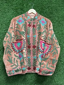 Luxury Brown <b>Velvet</b> Suzani <b>Jacket</b> With Tropical Floral Embroidery Full Sleeve Stand Collar Bohemian <b>Women's</b> Winter Coat - Product Image 3
