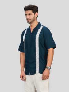 Men's Winter Solid Navy Blue Short Sleeve Casual Regular Fit Woven Fabric Breathable Anti-Pilling & Anti-UV Embroidered <b>Shirt</b> - Product Image 2
