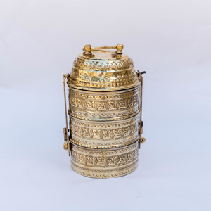 Carved gold brass tiffin <b>box</b>, 3 tier <b>decorative</b> metal food carrier, antique style luxury lunch <b>box</b>, at wholesale prices. - Product Image 1