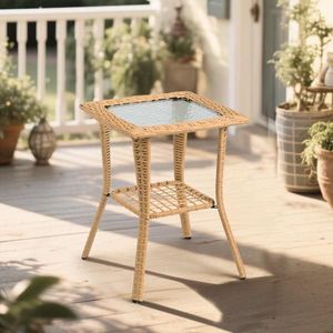 Beige Outdoor Wicker Side Table with Glass Top Rattan End Table for Indoor Garden Porch Balcony Patio Coffee Bistro Table - Product Image 5