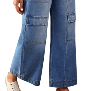 Jean en denim décontracté bleu délavé aux enzymes pour femme, taille haute, coupe ample, jambe large, avec coutures apparentes, poches utilitaires, respirant, séchage rapide, taille XL - Product Image 6