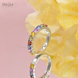Envío Rápido, Anillo de Media Eternidad con Zafiros Naturales Multicolores de Corte Cuadrado de 3MM, Oro Blanco Sólido de 14K, Anillo de Bodas, Joyería en Stock - Product Image 5
