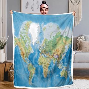 Coperta da Viaggio in Pile Sherpa Blu Navy 60*80 Pollici con Mappa del Mondo Astratta Moderna, Coperta 3D Stampata con Monumenti Mondiali - Product Image 4