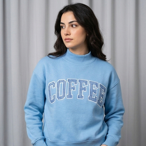 Suéter de Cuello Alto Azul Claro para Mujer, con Estampado de Letras de Café, Informal, de Punto, Corte Regular, 100% Algodón, para Otoño - Product Image 1