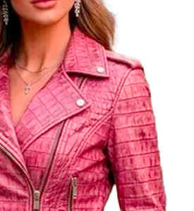 Women's <b>Pink</b> Croco Emboss Leather Moto <b>Jacket</b> With Zipper Closure And Embossed Texture Full Sleeve Autumn Style - Product Image 4