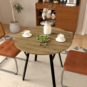 Modern 35.43 Inch <b>Round</b> Dining <b>Table</b> <b>Small</b> Kitchen <b>Table</b> with Metal Black Legs for 2-4 People Brown Finish for the Dining Room - Product Image 6