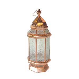 Lanterne à bougie hexagonale géométrique en cuivre et métal poli or rose, avec panneaux de verre, finition en forme de cage à oiseaux, poignée, loquet et finition supérieure en couronne, pour table - Product Image 3