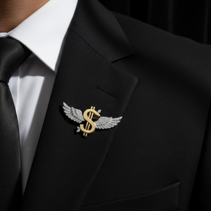 Broche Ailes Signe Dollar Doré pour Costumes Homme, Bijoux Formels Mariage & Anniversaire, Argent 925 Moissanite - Product Image 1