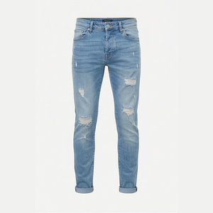 Jean en denim déchiré coupe slim pour homme, taille mi-haute, jambe droite, en coton, style décontracté, bleu délavé, collection printemps - Product Image 1