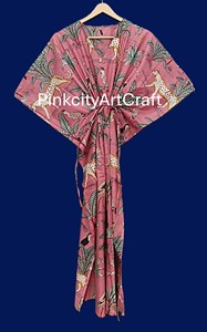 Pure Cotton Pink Tropical Animal Print <b>Kaftan</b> Dress Bohemian <b>Summer</b> Resort Wear Lounge Maxi for Women - Product Image 3