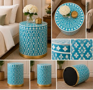 Tabouret pliant moderne fait main de haute qualité avec incrustations en os, style tambour, ottoman de ferme indien poli pour la décoration du salon et de la chambre - Product Image 2