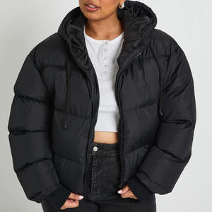 High Quality Custom Logo Design <b>Black</b> Hooded Padded Women Puffer Jacket <b>Windbreaker</b> Winter Warm Outdoor Bubble Jacket For Women - Product Image 1