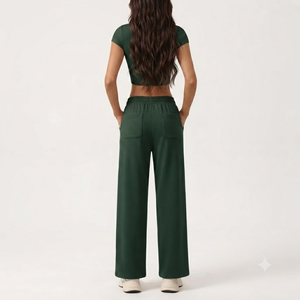 DROGEN EXPORTS Custom Women Solid Tracksuit Short Sleeve <b>Crop</b> <b>Top</b> High Waist Wide Leg Pocket Pants Quick Dry Gym Fitness Casual - Product Image 2