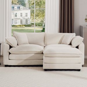 Divano a due posti a L in velluto a coste beige chiaro con poggiapiedi ottomano per piccoli spazi abitativi, per arredamento soggiorno - Product Image 3