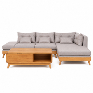 Juego de Sofás Seccionales de Teca Arunika en Forma de L, con Cojines Tapizados y Mesa de Centro, para Uso en Hoteles, Villas y Resorts - Product Image 3