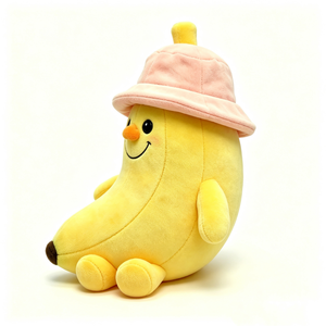 Mochila de Peluche de Plátano Personalizada, Sombrero de Pescador Rosa, Diseño de Brazos y Piernas de Plátano, Relleno de Algodón PP Suave, Peluche Amarillo, Juguete Unisex para Halloween - Product Image 4