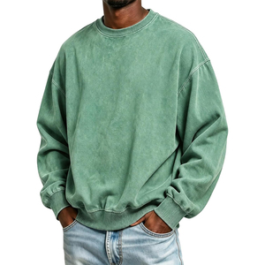 2026 New Wholesale <b>Oversized</b> Acid Wash Crew Neck <b>Sweatshirt</b> <b>Vintage</b> Green Long Sleeve Pullover Unisex 100% Organic Embroidered - Product Image 2