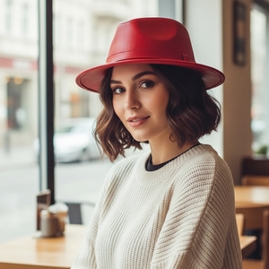 Premium Quality custom Handmade <b>Red</b> Leather Fedora <b>Hat</b> Vintage Trilby <b>Hat</b> Bold Statement Cap - Product Image 3
