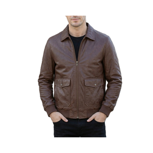 แจ็คเก็ตบอมเบอร์หนังสีน้ำตาลโบราณสำหรับผู้ชายพร้อมปกแหลม - Product Image 4