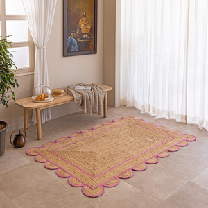 Pink Scalloped Jute Area <b>Rug</b> Handwoven Natural Fiber Square <b>Rug</b> for Farmhouse <b>Boho</b> Home Decor - Product Image 3