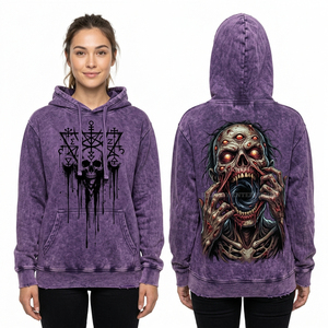 Sweat à capuche zippé marron personnalisé pour femme, motif Zombie Clown Strongman, manches rayées effet usé, délavé à l'acide, style streetwear cirque - Product Image 6