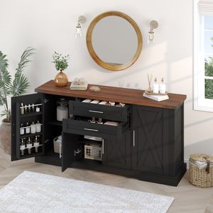 Mobiletto da Cucina Stile Fattoria con Ante Scorrevoli da 160 cm, 2 Cassetti, Grande Credenza, Tavolo Bar Caffè, Ripiani Regolabili - Product Image 2