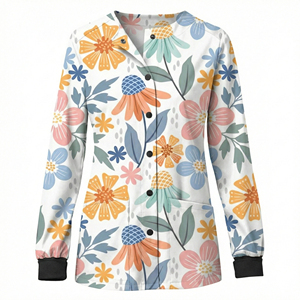 Chaquetas Quirúrgicas Personalizables al por Mayor con Estampado Floral, Manga Larga, Cierre a Presión y Bolsillos con Parche - Product Image 2