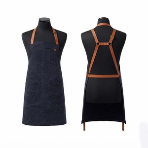 Tablier de Chef en Toile de Coton Premium 280 GSM Bleu Marine Noir Marron avec Bretelles en Cuir et Poches Latérales, Logo Personnalisé Cousu pour Restaurant et Bar - Product Image 1