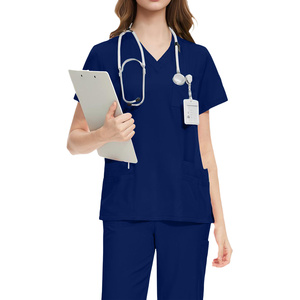 Unisex Light Blue V-Neck Cotton Polyester <b>Scrub</b> <b>Top</b> Short Sleeve Woven Hospital Uniform Needle Detection Stethoscope Clipboard - Product Image 4