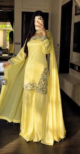 Conjunto de Dos Piezas de Satén de Seda Amarillo para Mujer, Túnica Larga Bordada, Pantalones Palazzo, Salwar Kameez, para Fiesta o Boda - Product Image 3