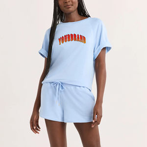 Conjuntos de 2 Piezas de Jersey de Algodón Hechos en Fábrica para Mujer, Camiseta de Cuello Redondo y Pantalones Cortos con Cintura Elástica, Manga Corta Raglán, Ropa de Verano para Chicas - Product Image 1