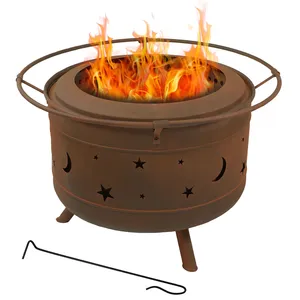 Rustic Iron Fire Pit With Star And Moon Cutouts 20 In Height Outdoor Wood Burning Fireplace With Poker Included - Product Image 2