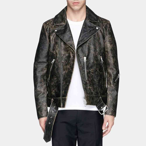Blouson de motard en cuir véritable pour homme, noir délavé et vieilli, avec fermeture éclair et ceinture à la taille - Product Image 2