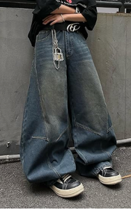 <b>Men</b> Wide Leg <b>Jeans</b> Blue Denim Washed Loose Fit Casual Streetwear Pants - Product Image 5
