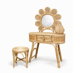 Preschooler dress up play vanities rattan vanity set kid makeup <b>table</b> with mirror and chair - Product Image 1