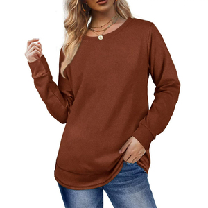 Suéter de Punto para Mujer, Manga Larga, Cuello Redondo, Color Sólido, Corte Holgado, Informal, de Algodón Marrón, para Uso Diario - Product Image 1
