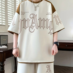 ชุดเสื้อยืดและกางเกงขาสั้นผู้ชายสไตล์ลำลองระบายอากาศได้ดี เสื้อแขนสั้นสำหรับออกกำลังกาย ชุดโอเวอร์ไซส์สำหรับผู้ชาย - Product Image 1