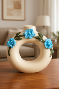 Vase décoratif rond en céramique avec motif rose bleue Vase en céramique fait main avec embellissement floral 3D - Product Image 2